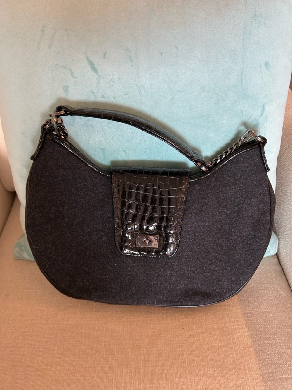 WORTH Black Crescent Wool Shoulder Bag with Croc-Trim Flap